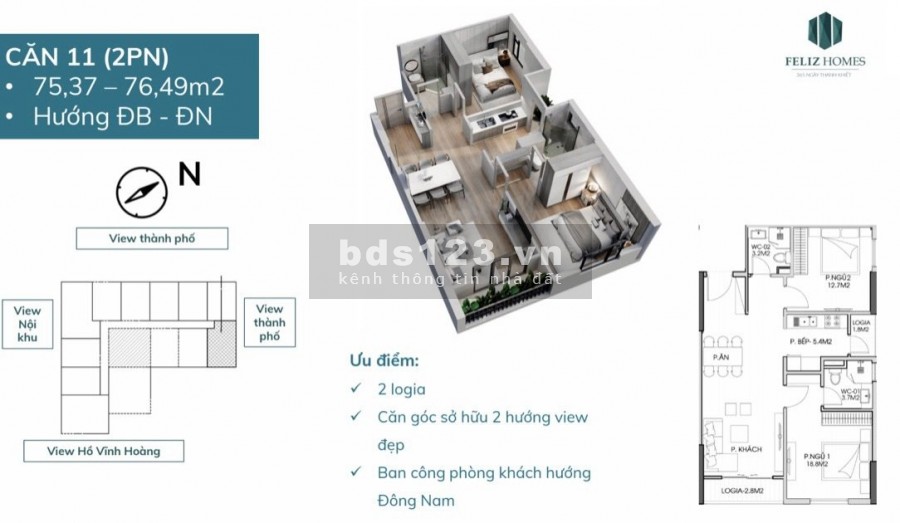 Còn duy nhất 1 suất ngoại giao căn 2PN diện tích 69m2 BC Đông Nam view hồ Vĩnh Hoàng dự án Feliz Homes