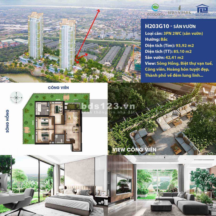 Độc quyền căn Garden Villas Haven Park 3 phòng ngủ, ban công sân vườn hoàn thiện rộng 42.41m2