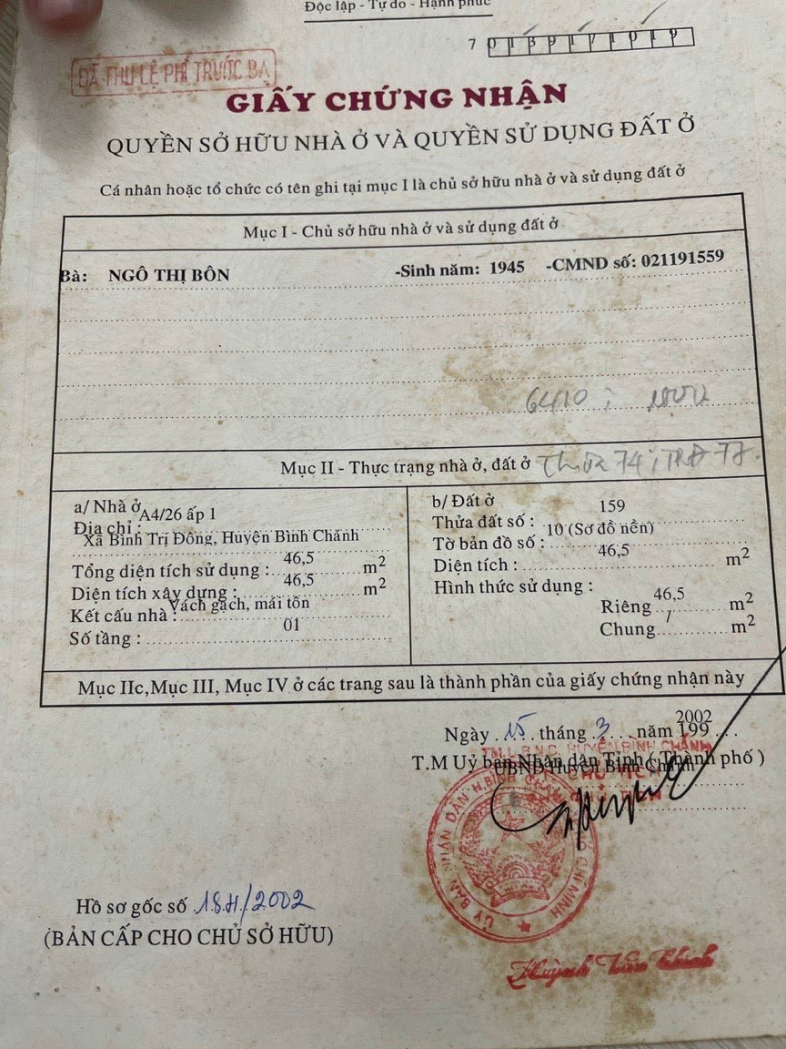 Cần bán nhà cấp 4 Phường Bình Trị Đông A, Quận Bình Tân, giấy tờ đủ