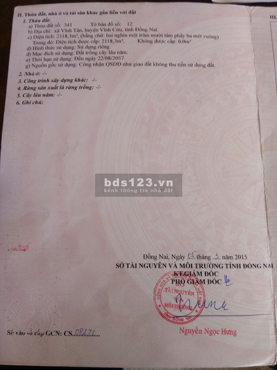 Bán Lô Đất 125m2, hướng Đông Nam, ngay nhà Văn Hóa Ấp 1 xã Vĩnh Tân, Vĩnh Cửu