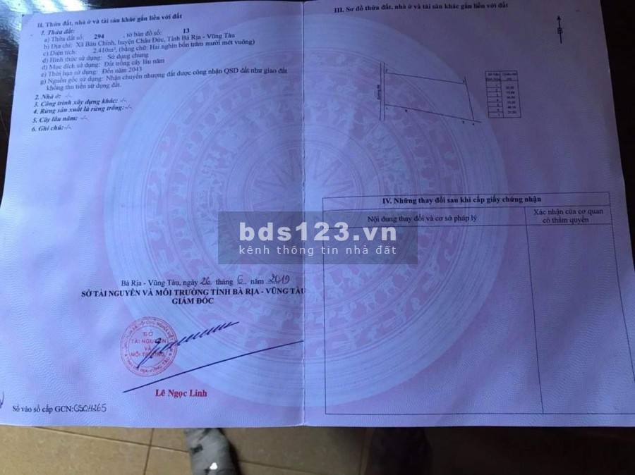 Bán Đất xã Bàu Chinh huyện Châu Đức khu dân cư, DT 2410m2 CLN giá đầu tư