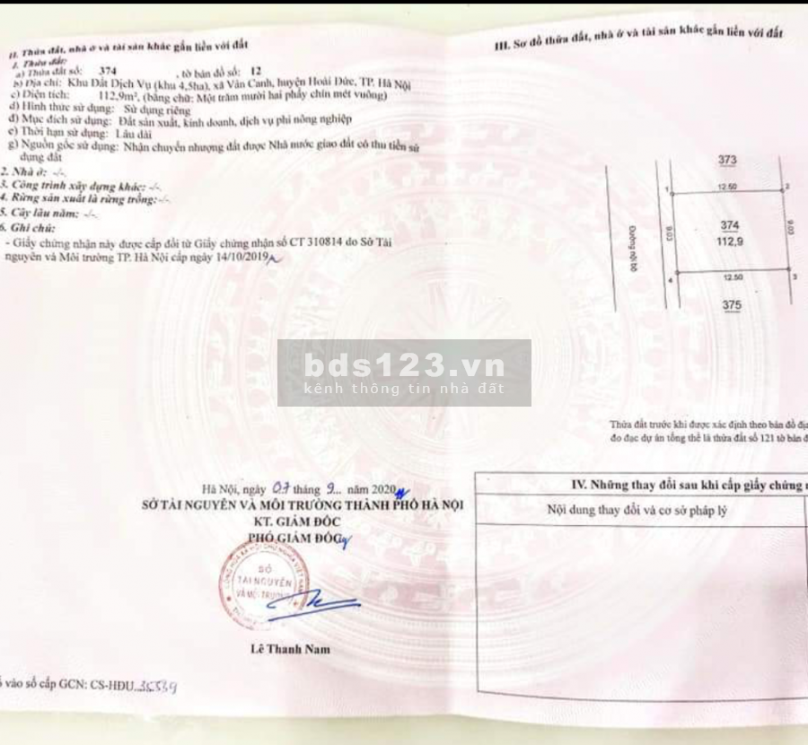 Cần bán Đất dịch vụ Vân Canh. 113m. Mặt tiền 9m. 2 mặt thoáng