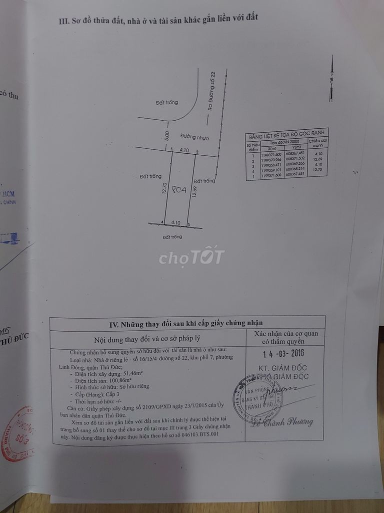 Chính chủ bán nhà 52m2 Đường Số 22, Quận Thủ Đức gần Phạm Văn Đồng.