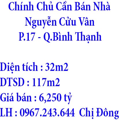 Chính Chủ Cần Bán Nhà Ở Phường 17, Quận Bình Thạnh, Tp.Hồ Chí Minh.