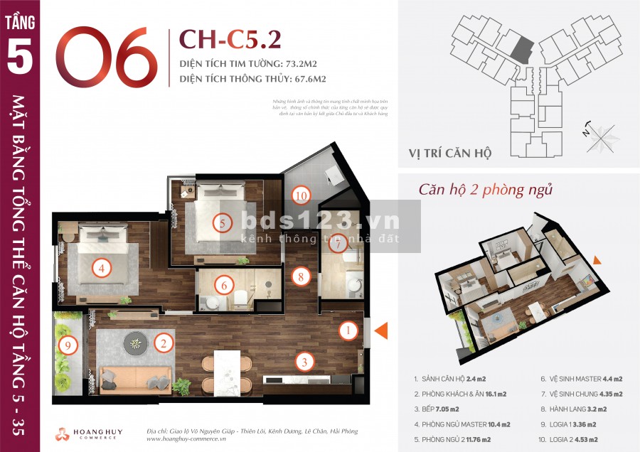 Căn hộ số 6 tầng 12 hướng Đông đón nắng sớm chung cư Hoàng Huy Commerce