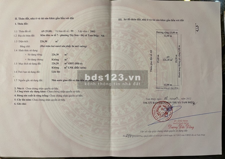 Chính chủ cần bán lô nhà vườn phường Tây Sơn, TP Tam Điệp, Ninh Bình khu Lẩu Chum