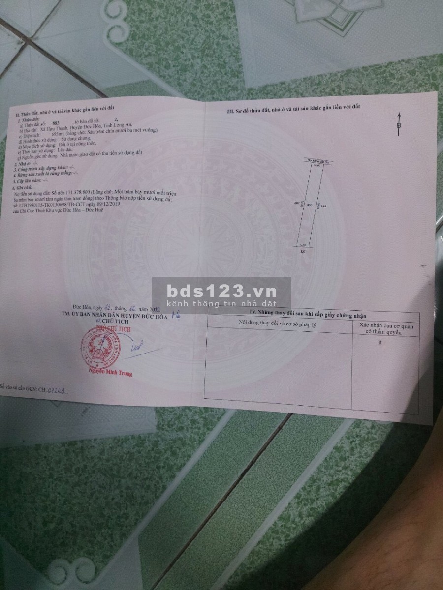 Hàng ngộp bán gấp 1379m2 Thổ, giá 3 tỷ Ấp 2 Hựu Thạnh, SHR