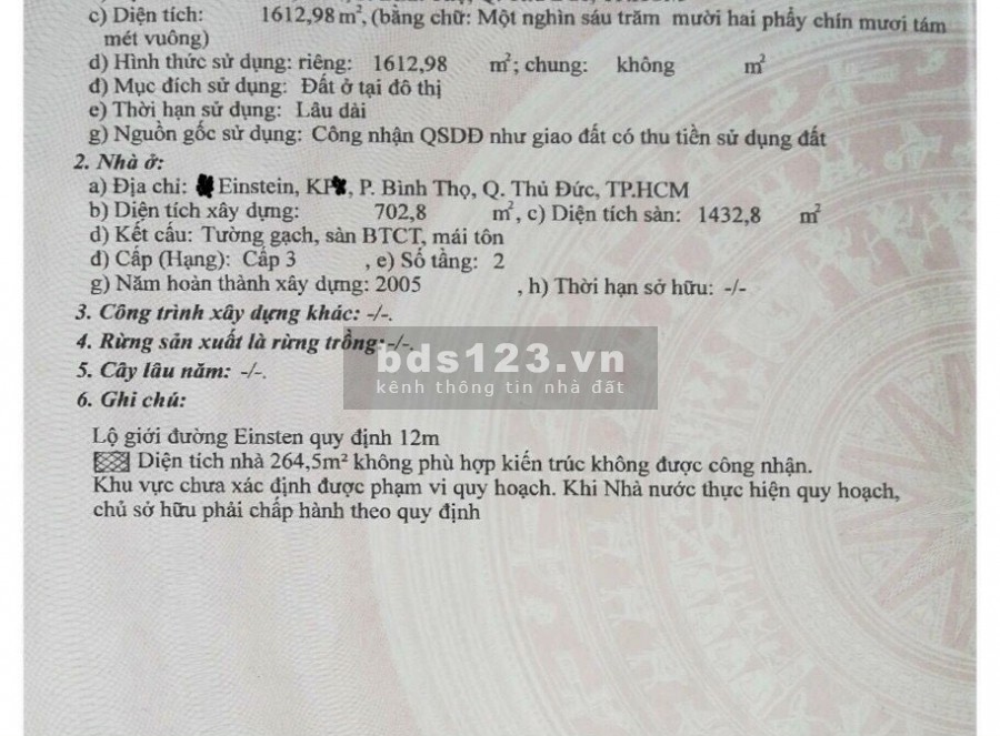Bán đất diện tích sử dụng 1613m2 Einstein phường Bình Thọ Quận Thủ Đức