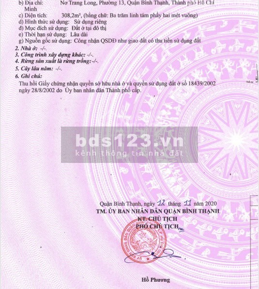 Bán đất 100% thổ cư, dt 308m2 Nơ Trang Long p.13 Quận Bình Thạnh