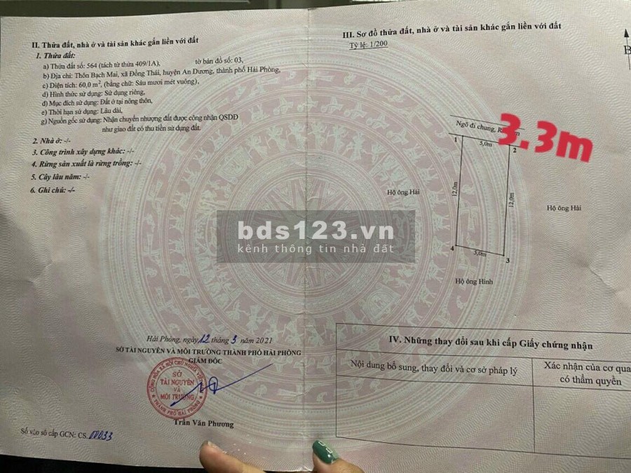 Bán đất Bạch Mai, Đồng Thái, An Dương. LH : 0981.460.231