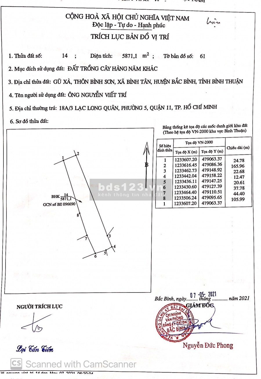 Cần bán 5870m2 đất xã Bình Tân, cạnh bên Safari giá chỉ 110,000/m2