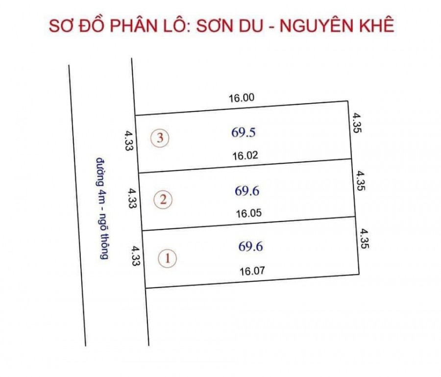 Duy nhất 208M Nguyên Khê Đông Anh chia 3 lô . đường 4m ngõ thông.