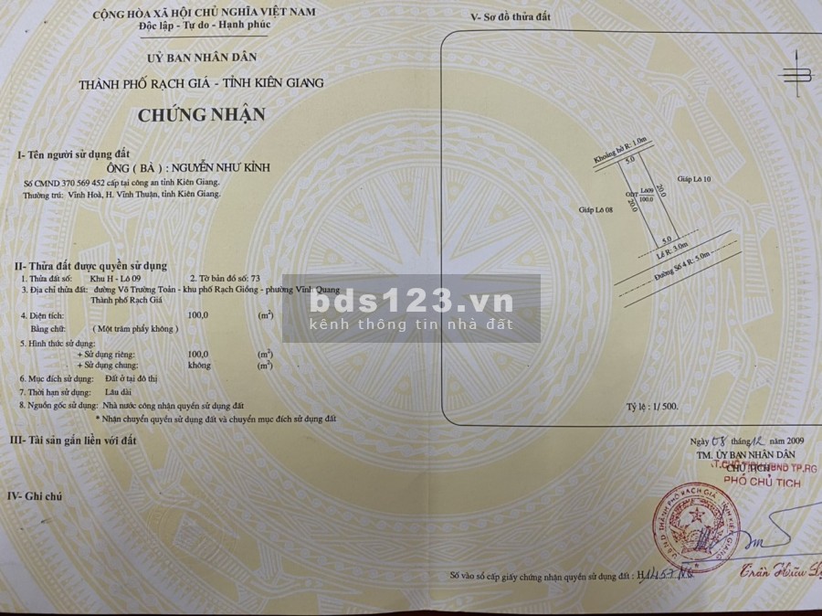 Chính Chủ Bán 100m2 đất Võ Trưởng Toản, Vĩnh Quang, Rạch Giá, Kiên Giang. giá chỉ 3xx