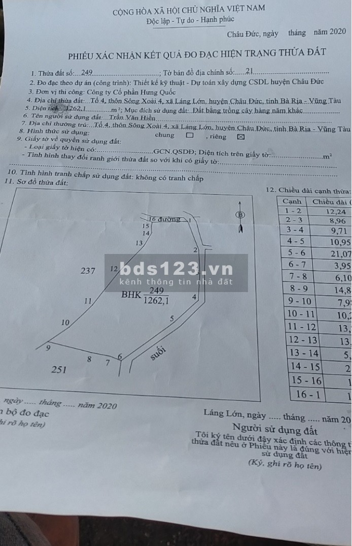 1,2 sào đất view suối cách trục chính Mỹ Xuân - Ngãi Giao 200m, đã tách sẵn sổ riêng