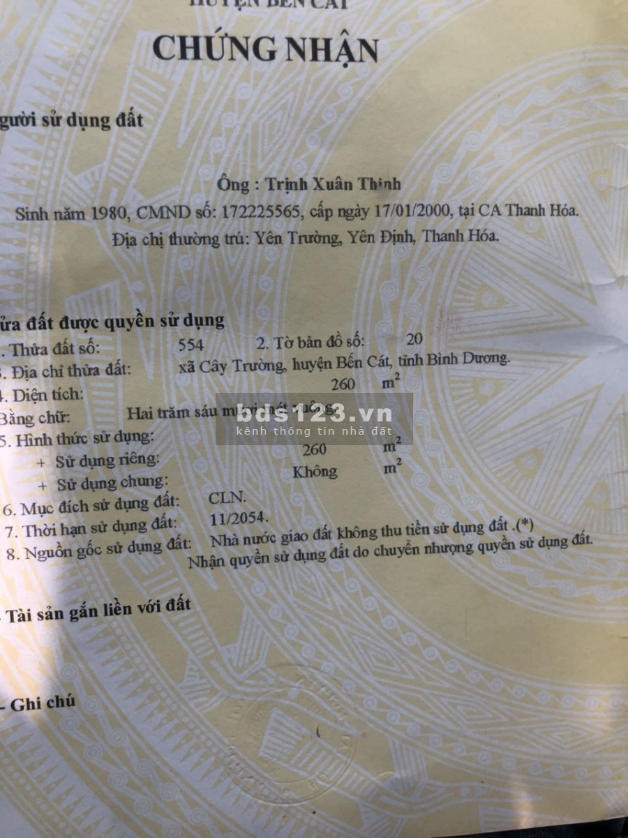 Cần bán gấp chính chủ ngay khu công nghiệp Bàu Bàng, dt 260m2, thoả thuận