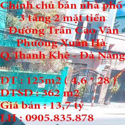 Chính chủ bán nhà 2 mặt tiền đường Trần Cao Vân, Đà Nẵng, giá 13.7 tỷ