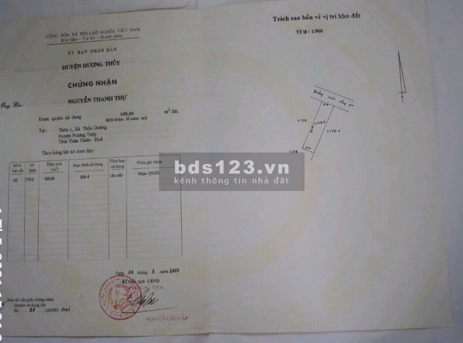 Bán lô đất kiệt ô tô 5m Phùng Lưu, Thuỷ Dương, Hương Thuỷ, giá 1.85 tỷ
