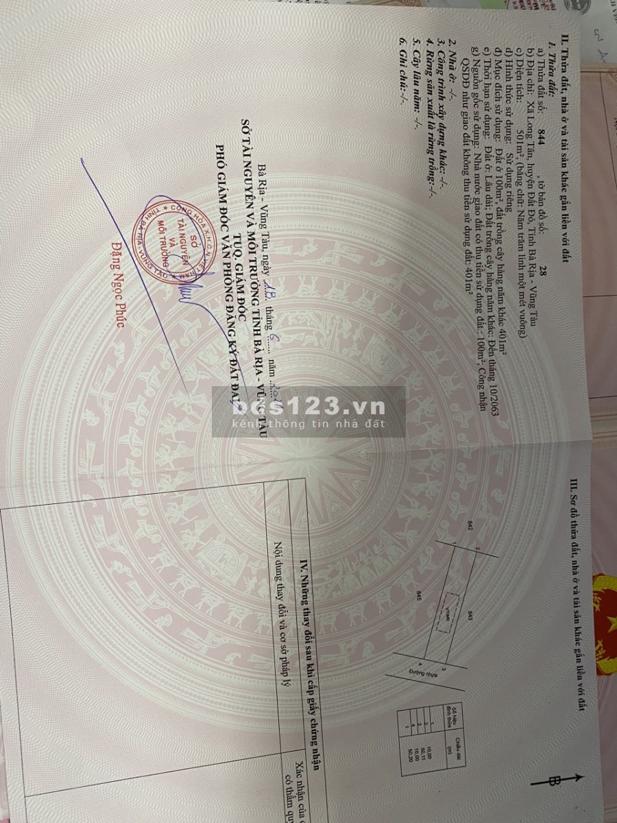 Bán đất chính chủ tại xã Long Tân Đất Đỏ Bà Rịa Vũng Tàu 0938362355