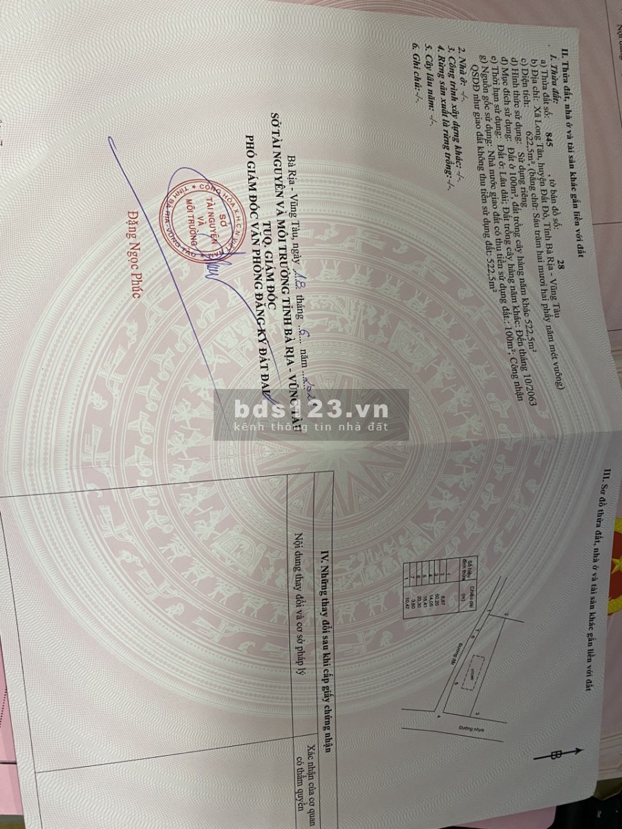 Bán đất chính chủ tại xã Long Tân Đất Đỏ Bà Rịa Vũng Tàu 0938362355