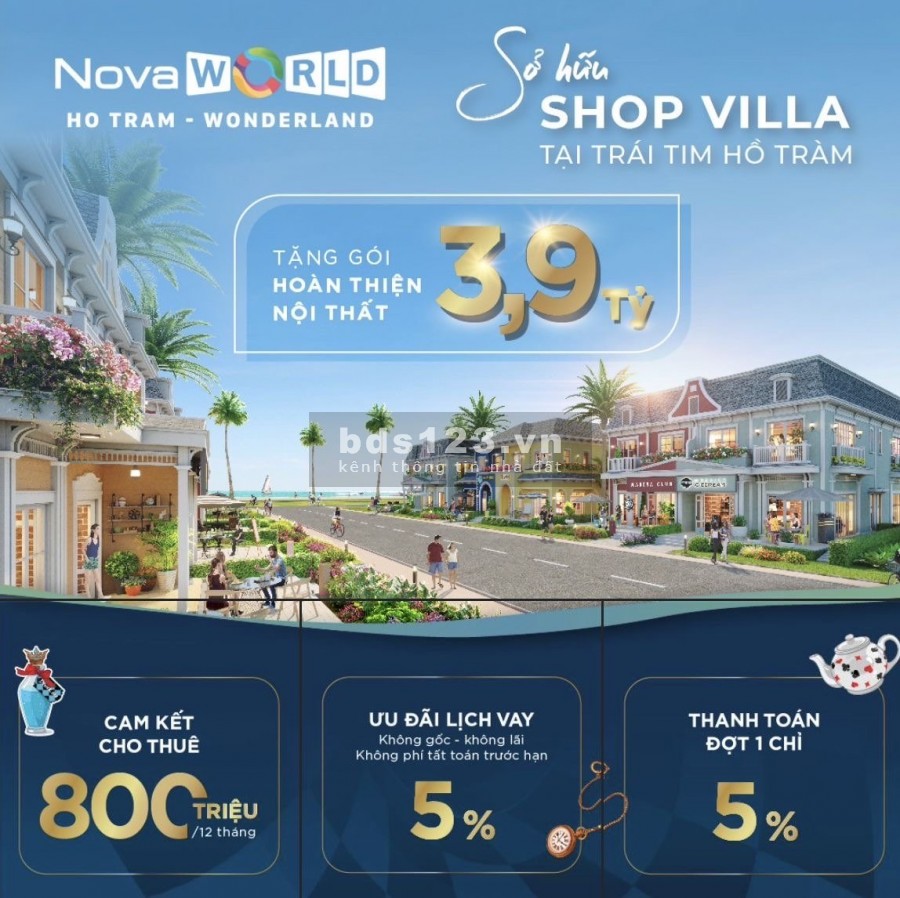 Mở bán Shop villa Wonderland của Nova world Hồ Tràm chỉ 9,8 tỷ/căn. Cam kết thuê 800tr/năm