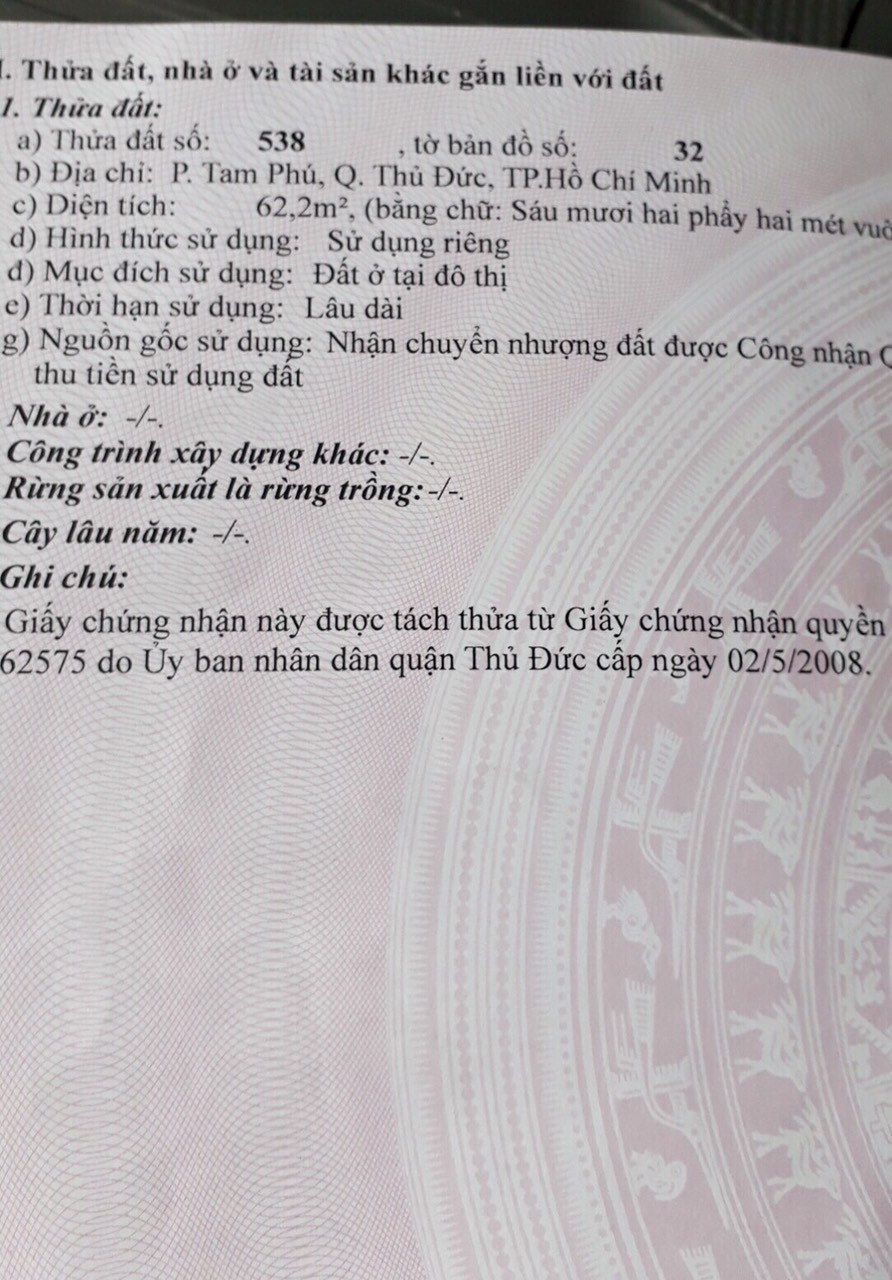Bán khuôn đất giá mềm, diện tích lớn đường số 2 Tam Phú, Tp Thủ Đức