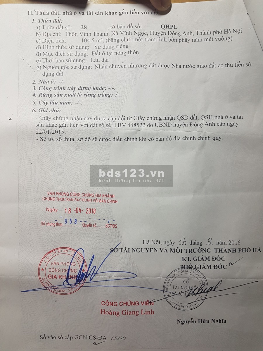 Bán đất phân lô ô tô Vĩnh Thanh, Vĩnh Ngọc Đông Anh, gần cv Kim Quy 104m mt6m giá 42tr/m 0988296228