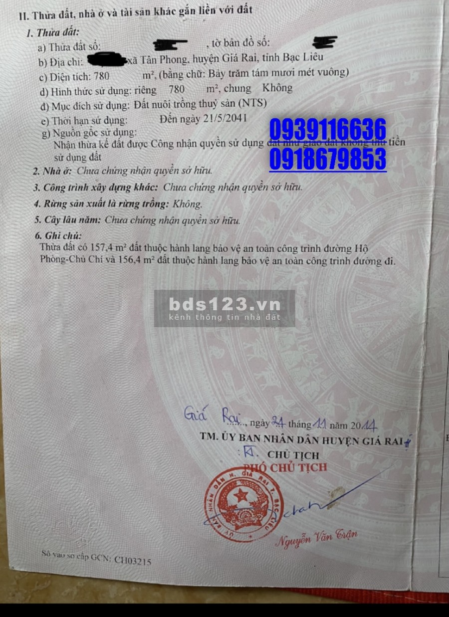 Đất chính chủ Giá Rai gần cha Trương Bửu Diệp, diện tích đất như trên hình