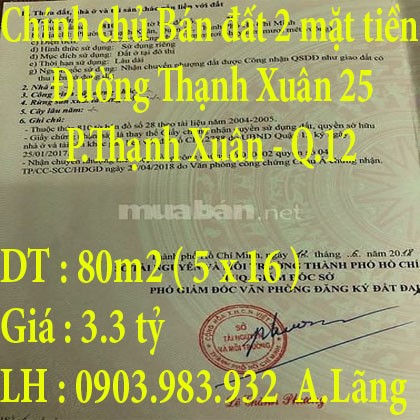 Chính chủ Bán đất 2 mặt tiền Phường Thạnh Xuân, Quận 12, giá 3,3 tỷ