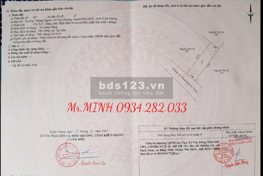 Đất lô góc 2 mặt tiền cây Thông ngoài, tại Phú Quốc, dt 134m2 giá 2,5 tỷ