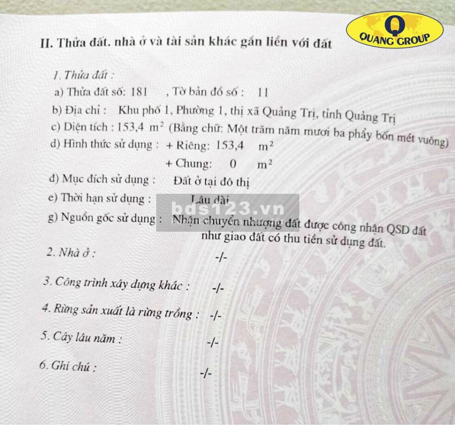 Bán nhanh lô đất trung tâm thị xã Quảng Trị, giá bán 798 triệu. lhcc, hướng Bắc