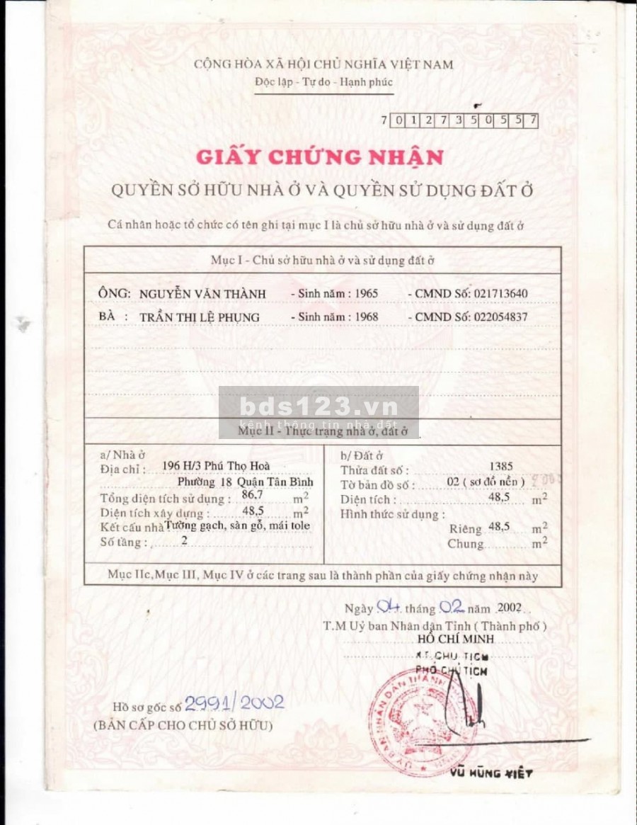 Chính chủ bán nhà Lê Văn Phan-Tân Phú, 4x12m nhà 3 Tầng, BTCT, Sổ hồng riêng sang tên ngay.