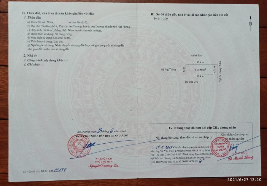 Diện tích sử dụng 779 triệu đất diện tích 59m2 trung tâm thị trấn An Dương