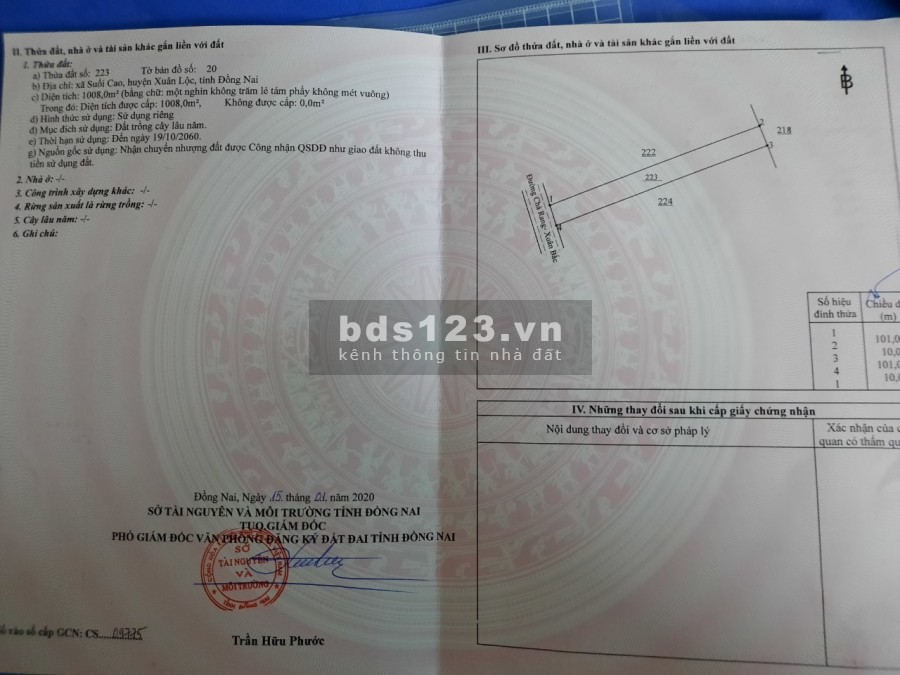 Lô đất cực đẹp rộng 1008m2 mặt tiền đường nhựa, lên 419m2 thổ cư, 800 triệu cực rẻ. 0901.473.829