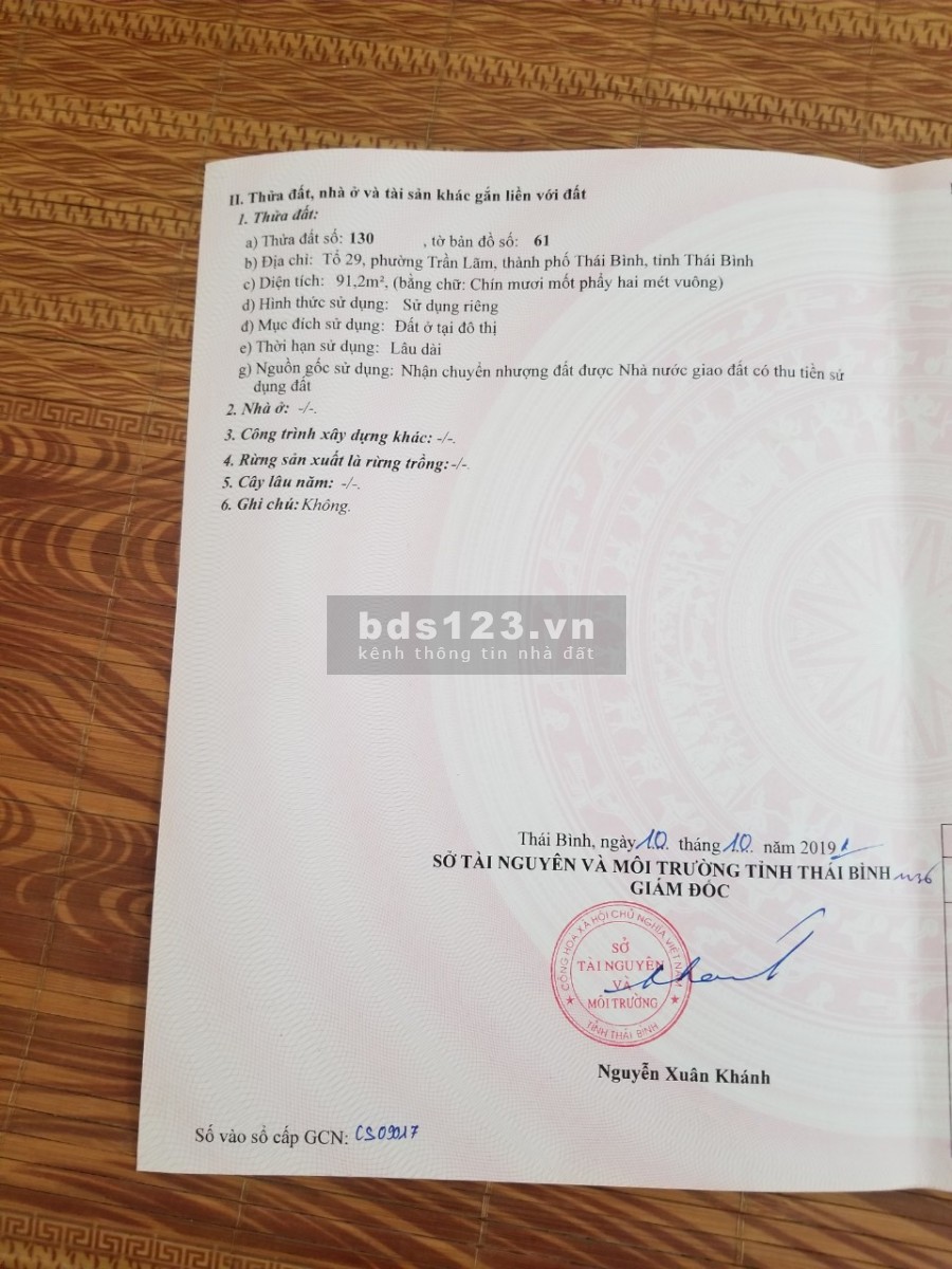 Bán đất tại tổ 17 phường Trần Lãm, TP Thái Bình, Thái Bình, lh 0392932654
