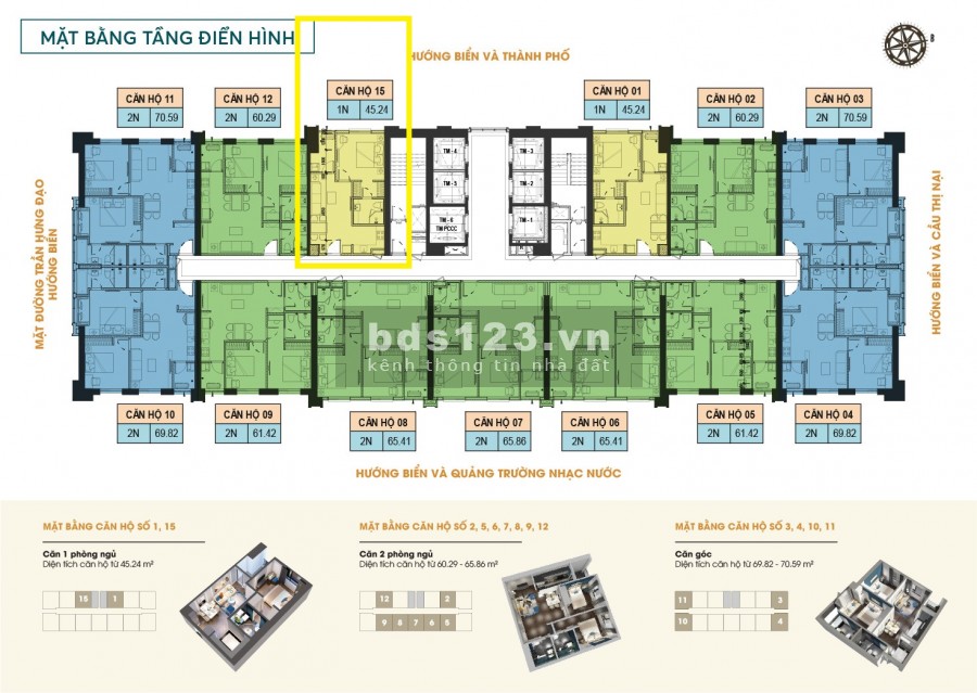 Bán căn hộ 1 phòng ngủ số 15 Altara Quy Nhơn, dt 45m2, tầng cao, view vịnh giá 1.3 tỷ