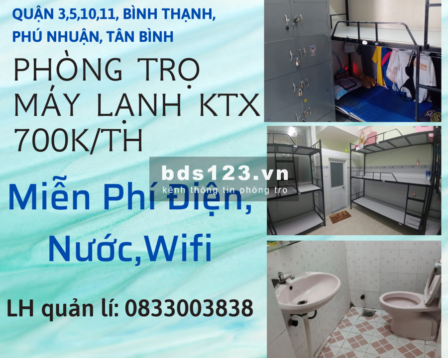 Trọ Ở ghép KTX 700k bao điện, nước. Quận Bình Thạnh, đầy đủ tiện nghi, lhcc