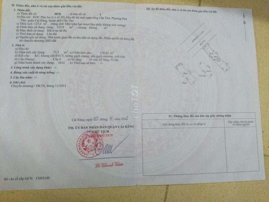Chính chủ cần bán nhà 1 trệt 1 lửng 1 lầu khu vực Cái Răng - Cần Thơ