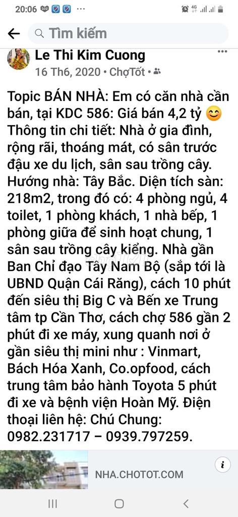 Chính chủ cần bán nhà 1 trệt 1 lửng 1 lầu khu vực Cái Răng - Cần Thơ