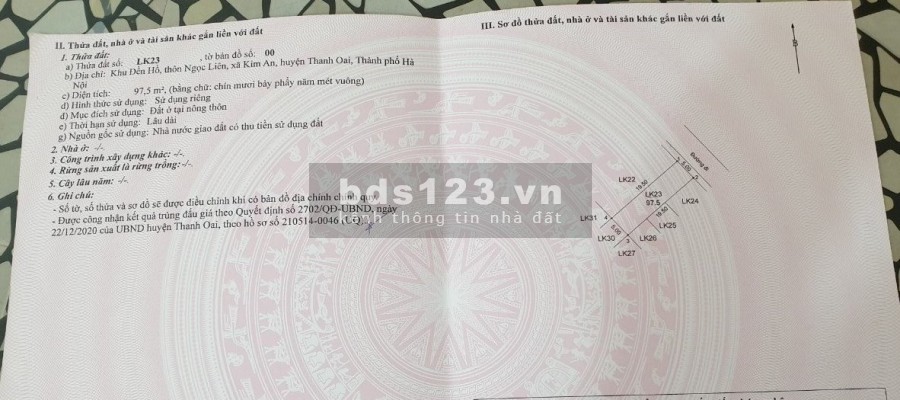 Chính chủ bán lô đất đấu giá Thanh Oai 97.5m2, trục chính xã, giá đầu tư 14.5 triệu/m2