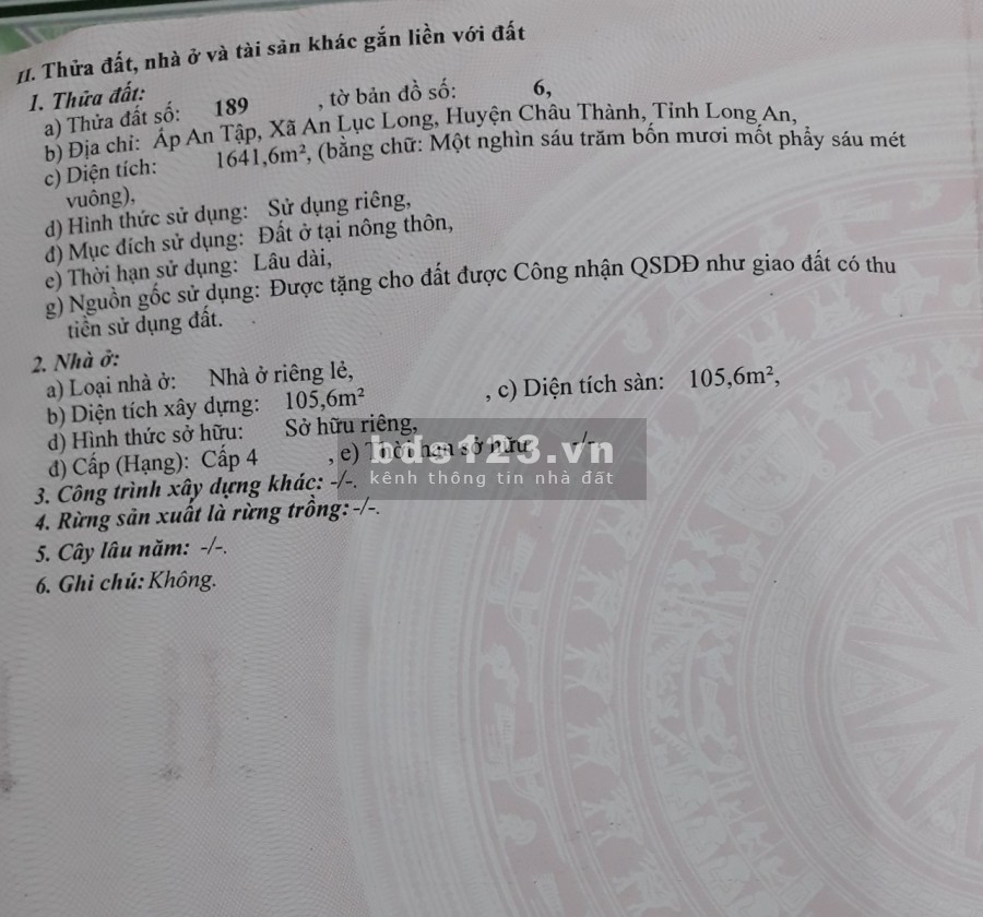 Cần Bán Gấp Đất Tặng Nhà Vị Trí Đẹp tại Xã An Lục Long Huyện Châu Thành