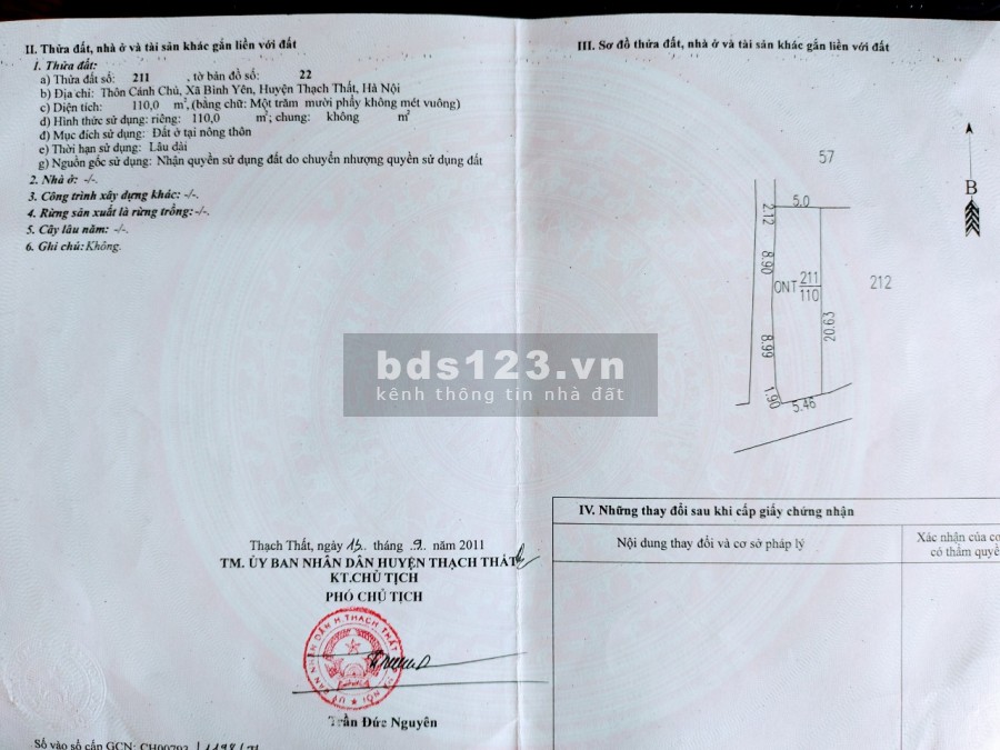 Tôi cần bán lô đất góc 110m2 tại Cánh Chủ, Bình Yên, giá 1.5 tỷ, lhcc