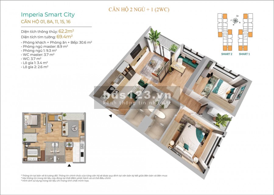 Imperia Smart City căn hộ 2PN+1(2 WC) lô góc tầng thấp giá chỉ từ 2.6 tỷ hướng mát, view đẹp nhất