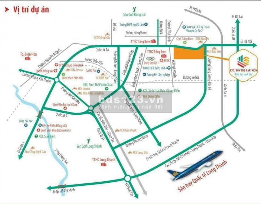 Bán đất khu đô thị Bàu Xéo mặt tiền đường Quốc Lộ 1A, xã đồi 61, Trảng Bom, giá 1.4 tỷ