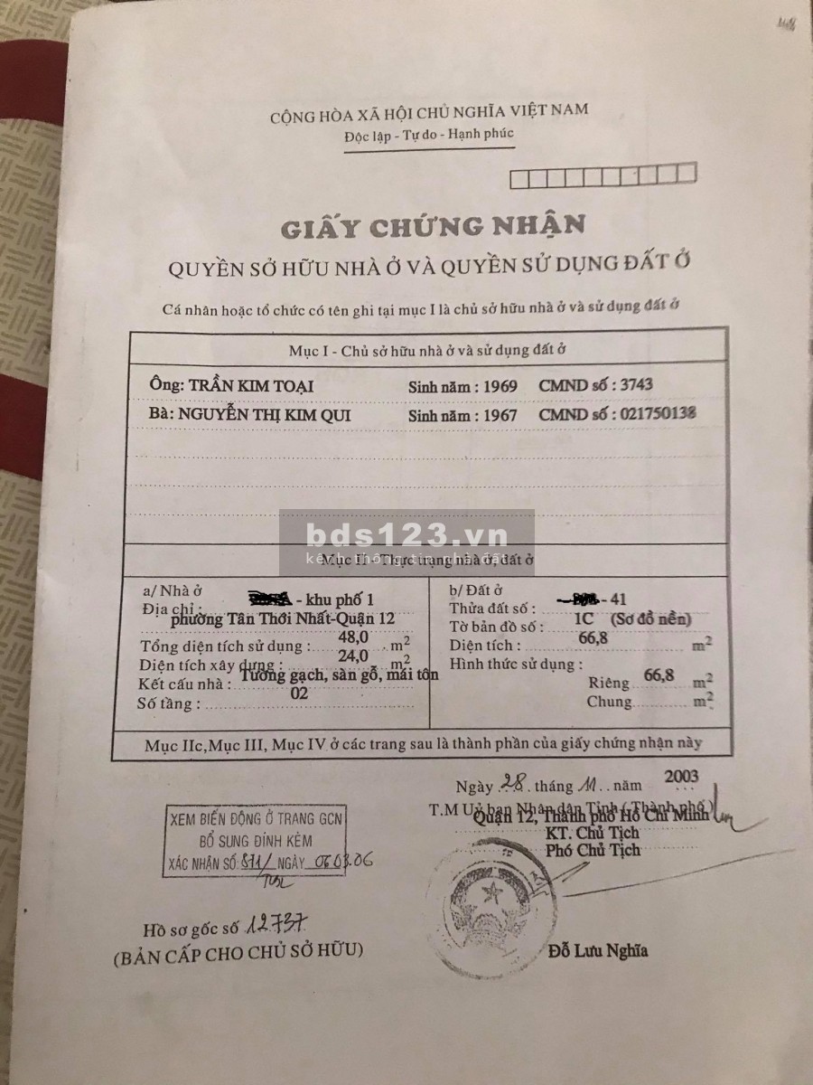 Bán nhà nguyên căn dt 66m2 hẻm xe hơi đường Tân Thới Nhất 1 Quận 12 giá 4 tỷ