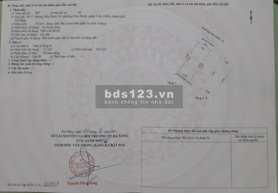 Bán nhà 3 tần mặt tiền đường hòa minh 10 hướng Đông bắc, giá thương lượng
