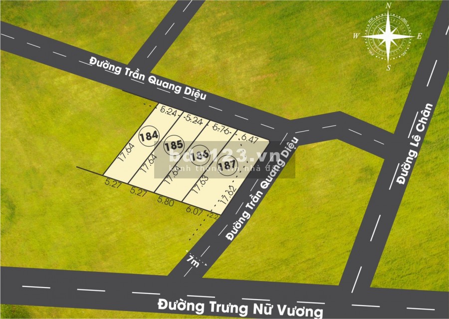 Bán 2 lô đất mặt tiền Trần Quang Diệu 185 và 186, Đồng giá 1.28 tỷ