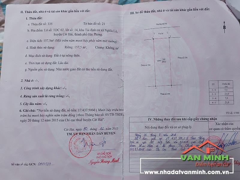 Chuyển nhượng 2 lô đất khu tái định cư, xã Nghĩa Lộ, Cát Hải, Hải Phòng