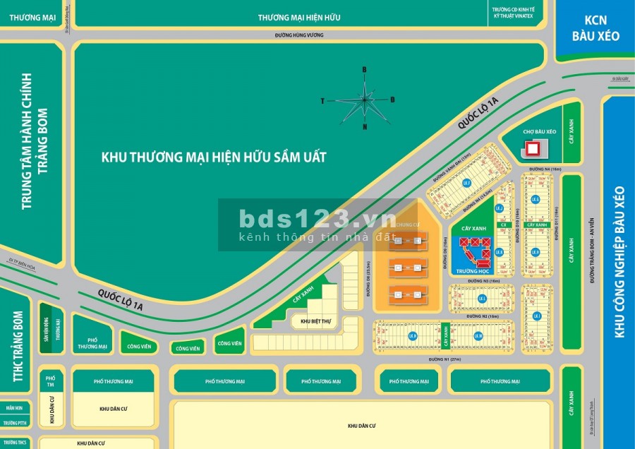 Mặt tiền quốc lộ 1A và đuờng Trảng Bom, thị trấn Trảng Bom, tỉnh Đồng Nai