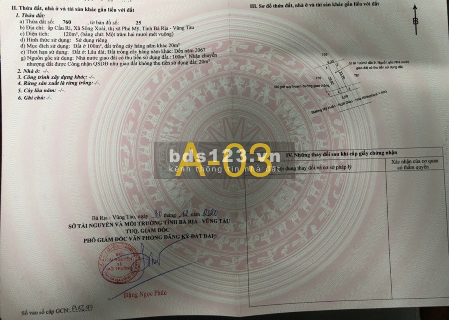Lô mặt tiền Mỹ Xuân Ngãi Giao mới đại lộ TP Cảng Phú Mỹ TC 100m2 Liên hệ 0906861505 chính chủ