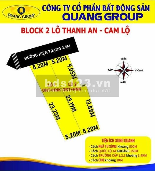 Chủ đầu tư mở bán 2 lô đất tiềm năng thanh an cam lộ, hàng chuẩn pháp lí, lhcc